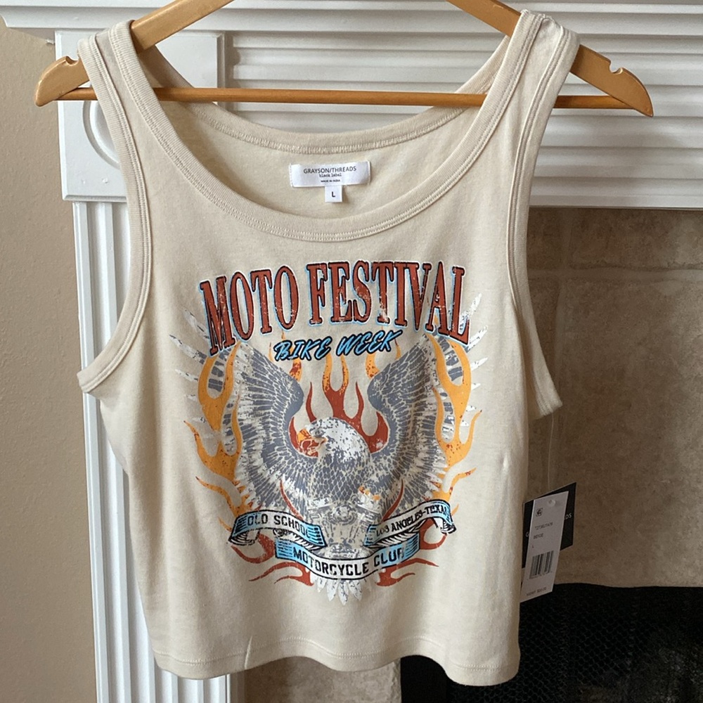 🏍️🦅Macy’s Cream Motorcycle Graphic Tank Top Moto Fest New with Tags